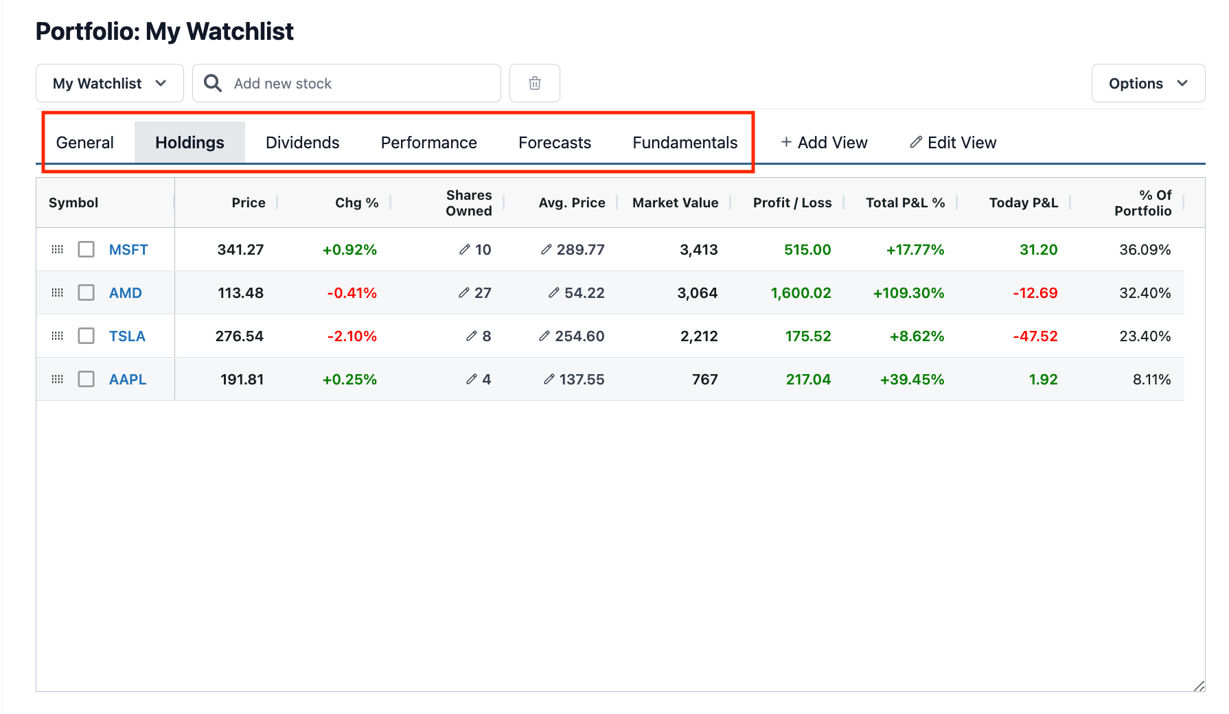Stock Analysis Screenshot Portfolio Overview