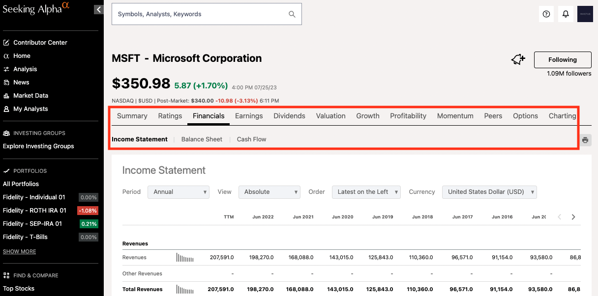 Financial Data Screenshot