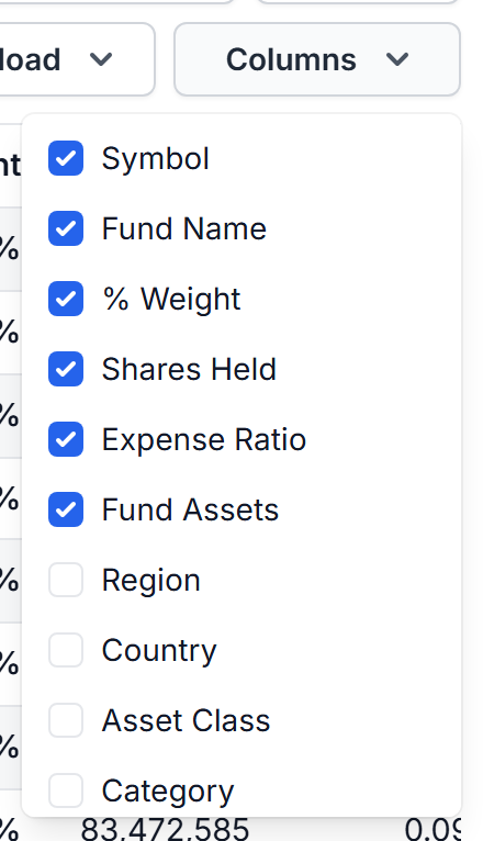 The Columns picker with its checkbox list