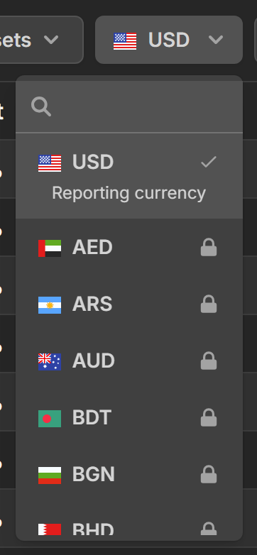 The currency selector open with its searchable list of currencies