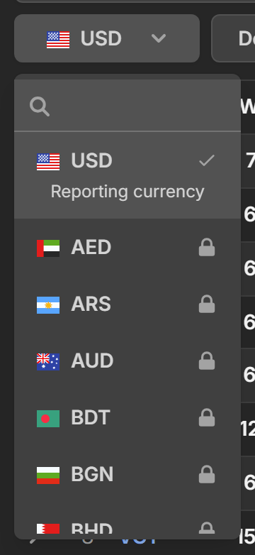 The currency selector open with its searchable list of currencies