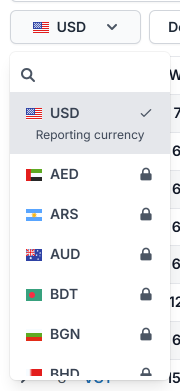 The currency selector open with its searchable list of currencies
