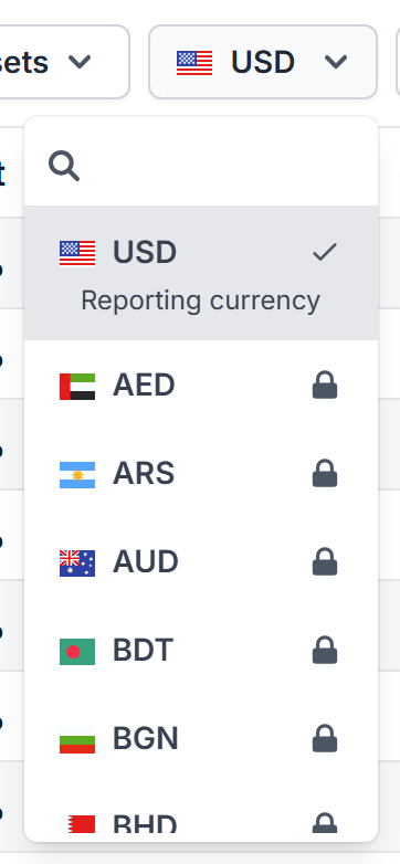 The currency selector open with its searchable list of currencies