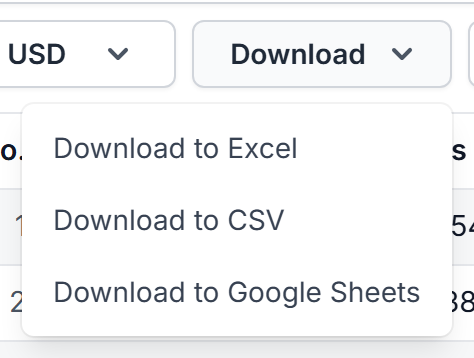 The Download menu with Excel, CSV and Google Sheets options