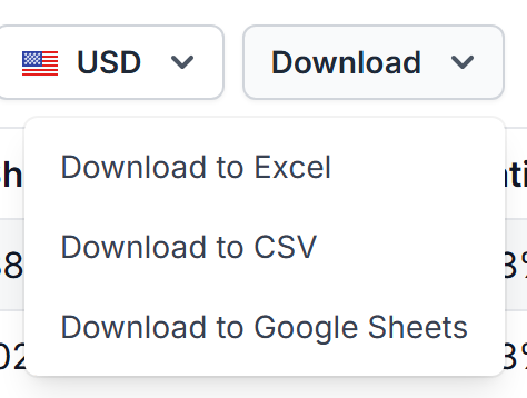 The Download menu with Excel, CSV and Google Sheets options
