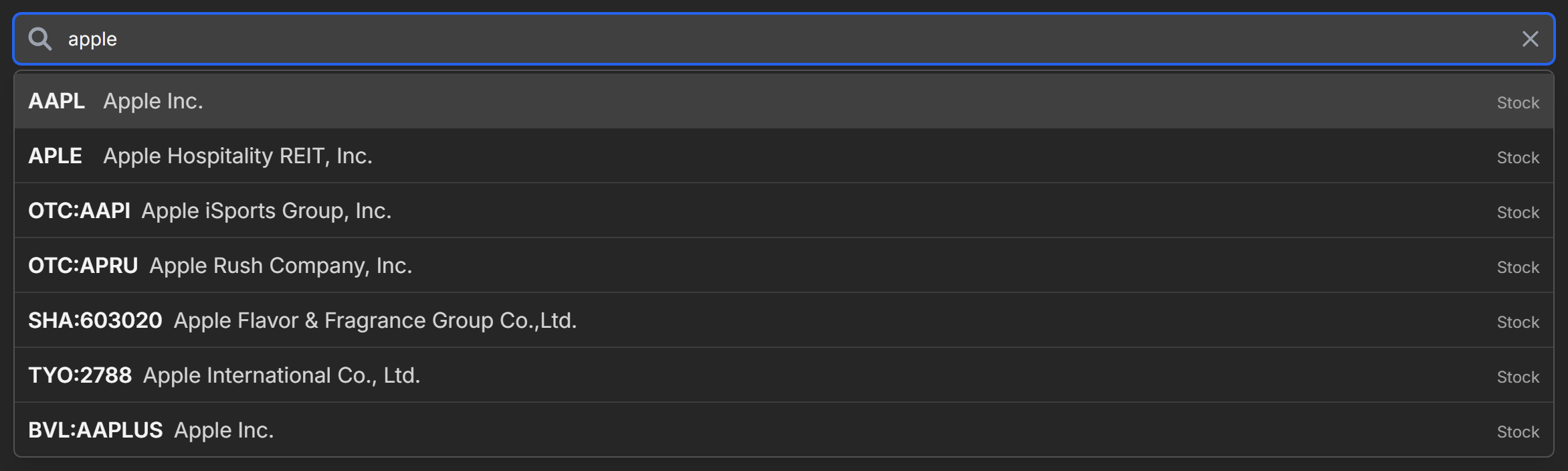 The stock search box showing results while typing apple