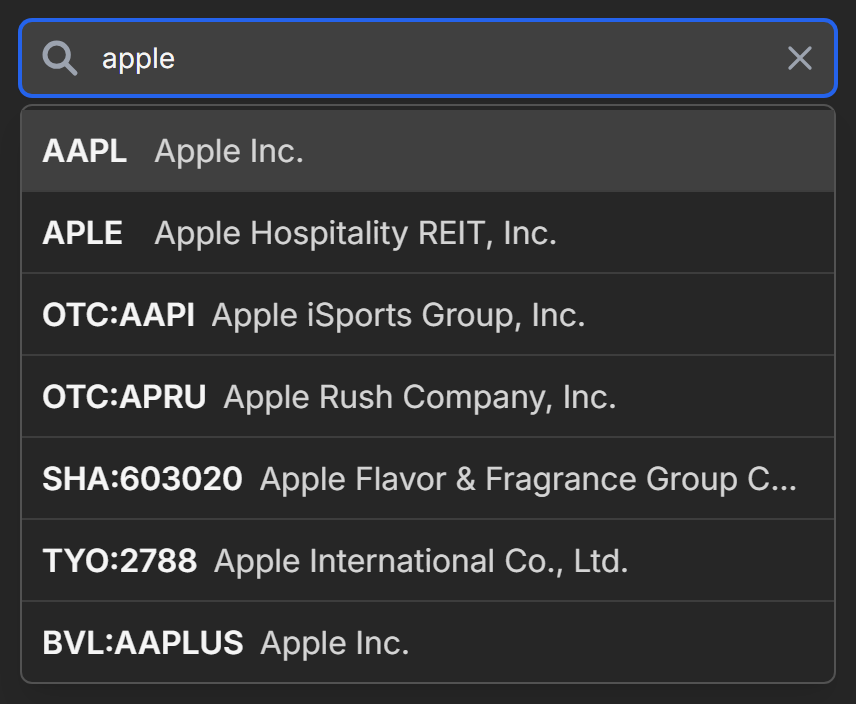 The stock search box showing results while typing apple