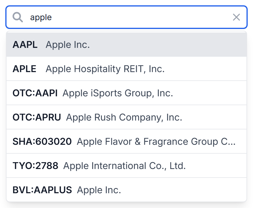 The stock search box showing results while typing apple