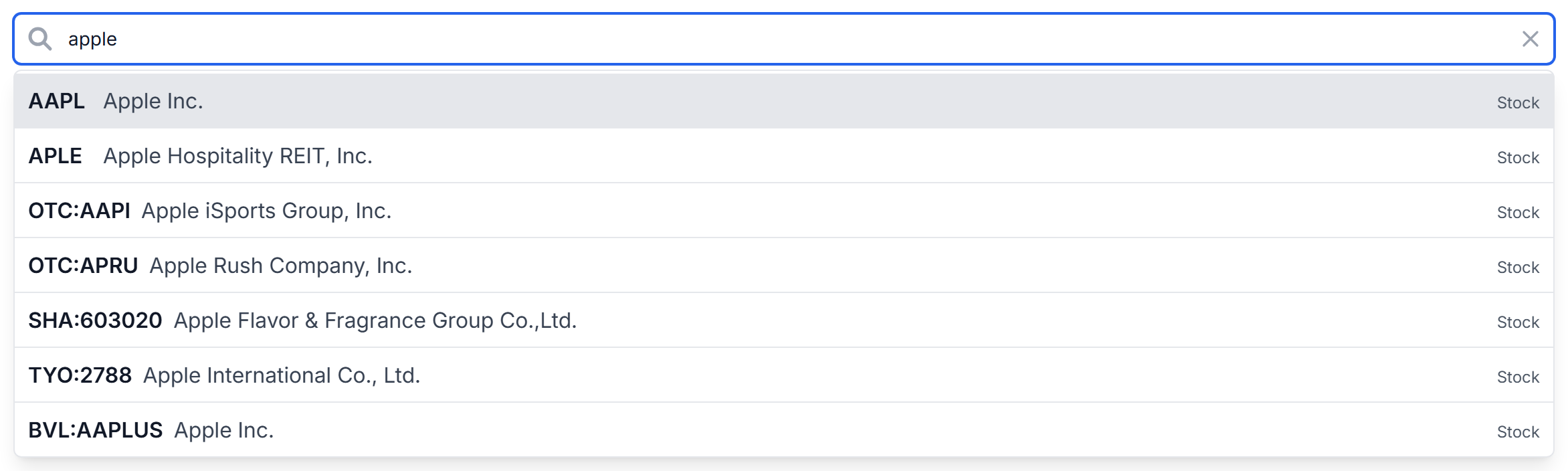 The stock search box showing results while typing apple