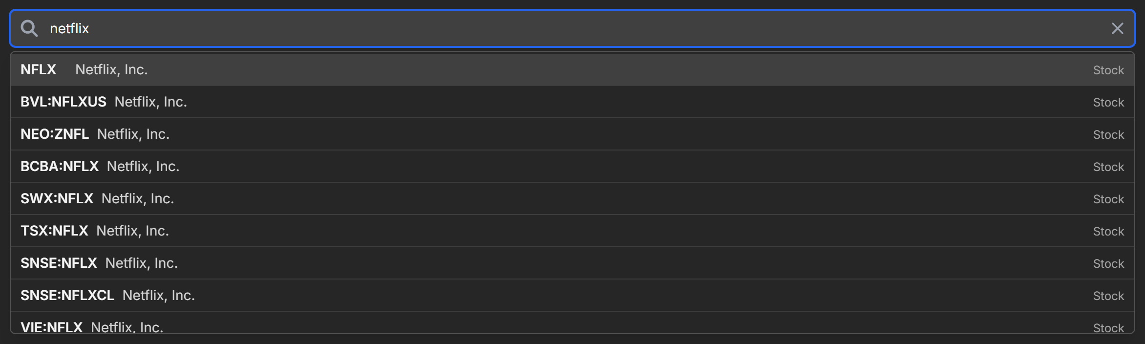 The stock search box showing results while typing netflix