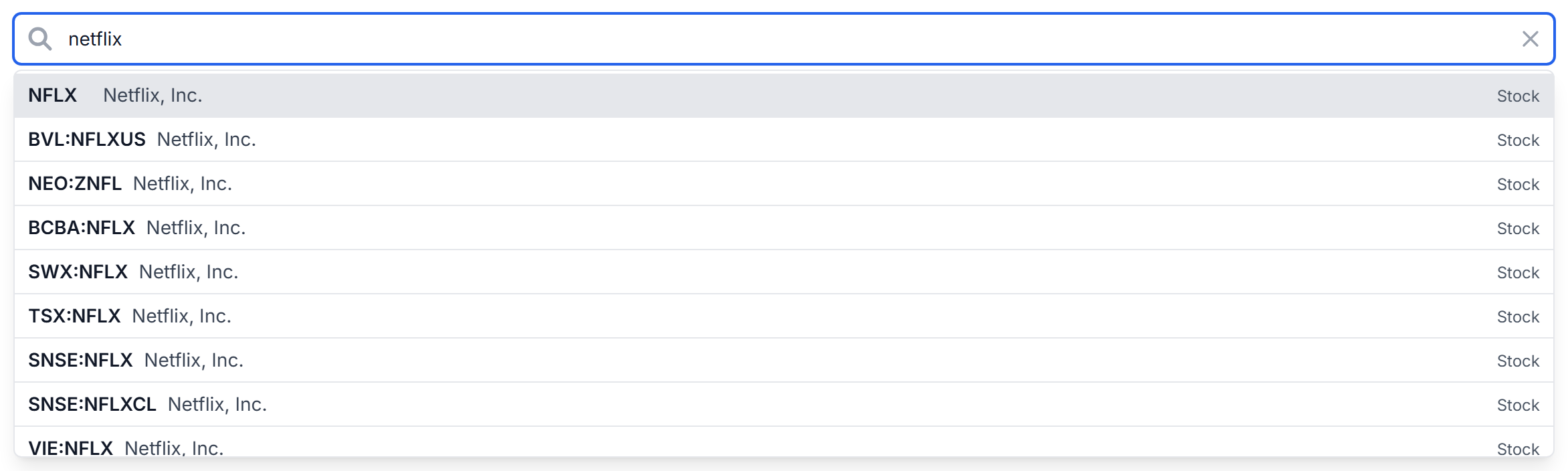 The stock search box showing results while typing netflix