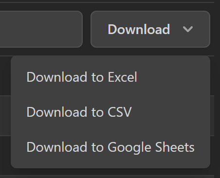 The Download menu with Excel, CSV and Google Sheets options