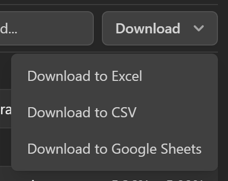 The Download menu with Excel, CSV and Google Sheets options