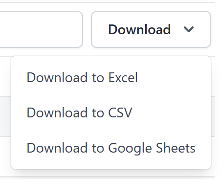The Download menu with Excel, CSV and Google Sheets options