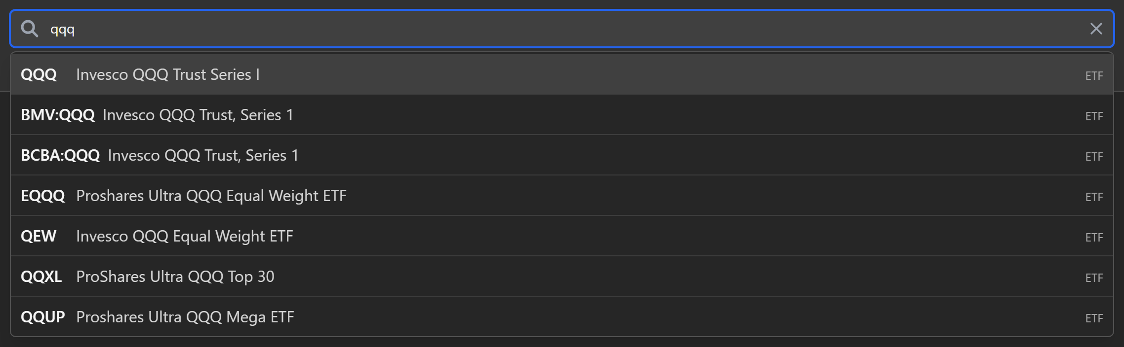 The fund search box showing results while typing qqq