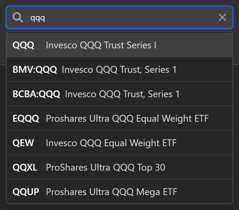 The fund search box showing results while typing qqq
