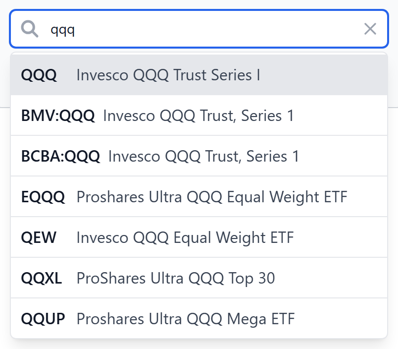 The fund search box showing results while typing qqq