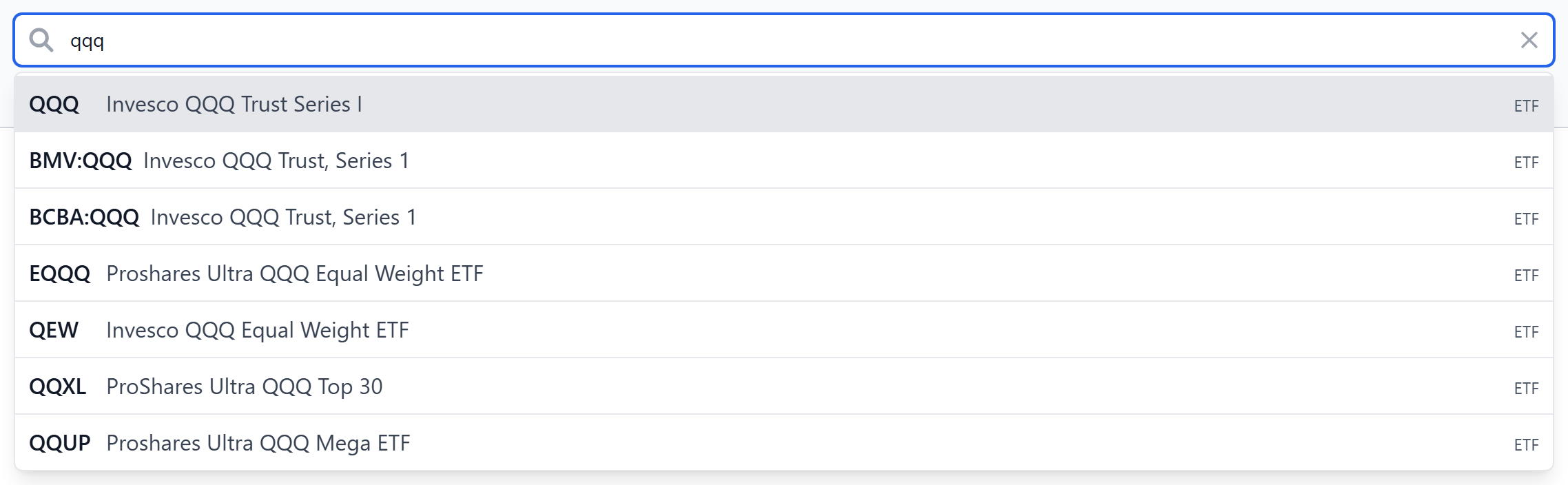 The fund search box showing results while typing qqq