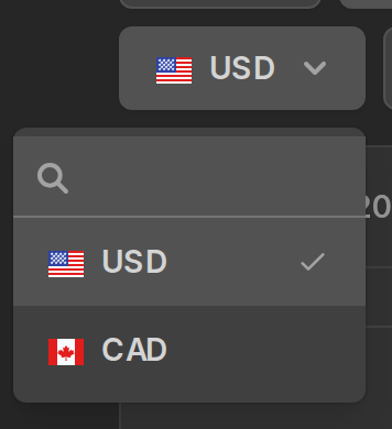 The currency selector open on a chart mixing US and Canadian dollars