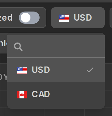 The currency selector open on a chart mixing US and Canadian dollars