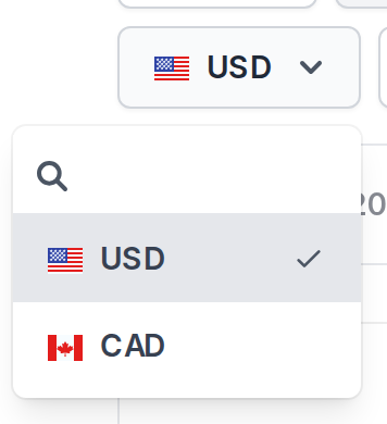 The currency selector open on a chart mixing US and Canadian dollars