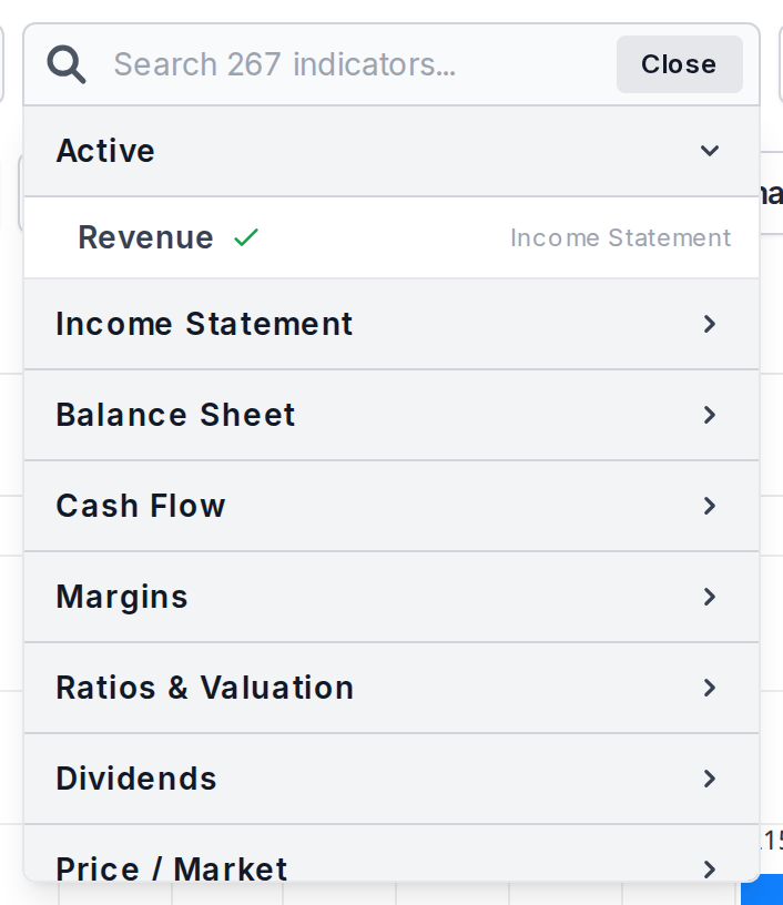 The indicator search showing categories of available metrics