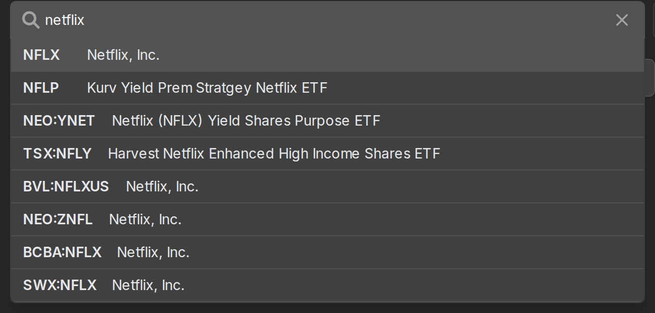 The stock search box showing results while typing netflix