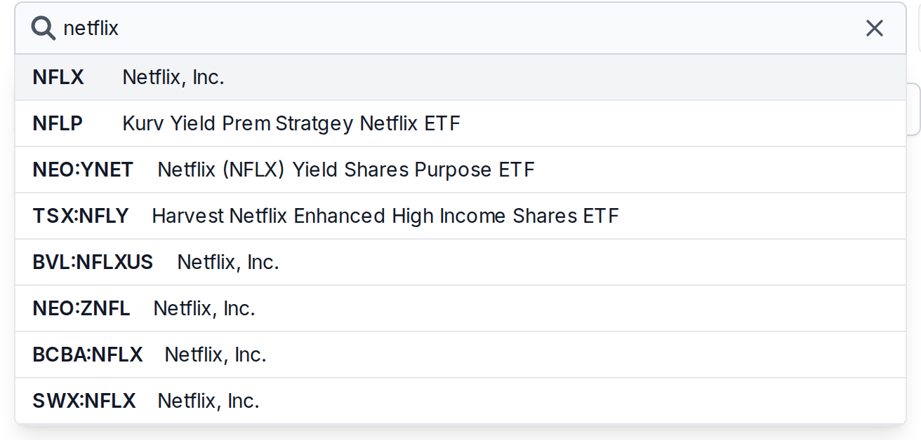 The stock search box showing results while typing netflix