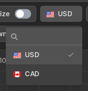 The currency selector open on a chart mixing US and Canadian dollars