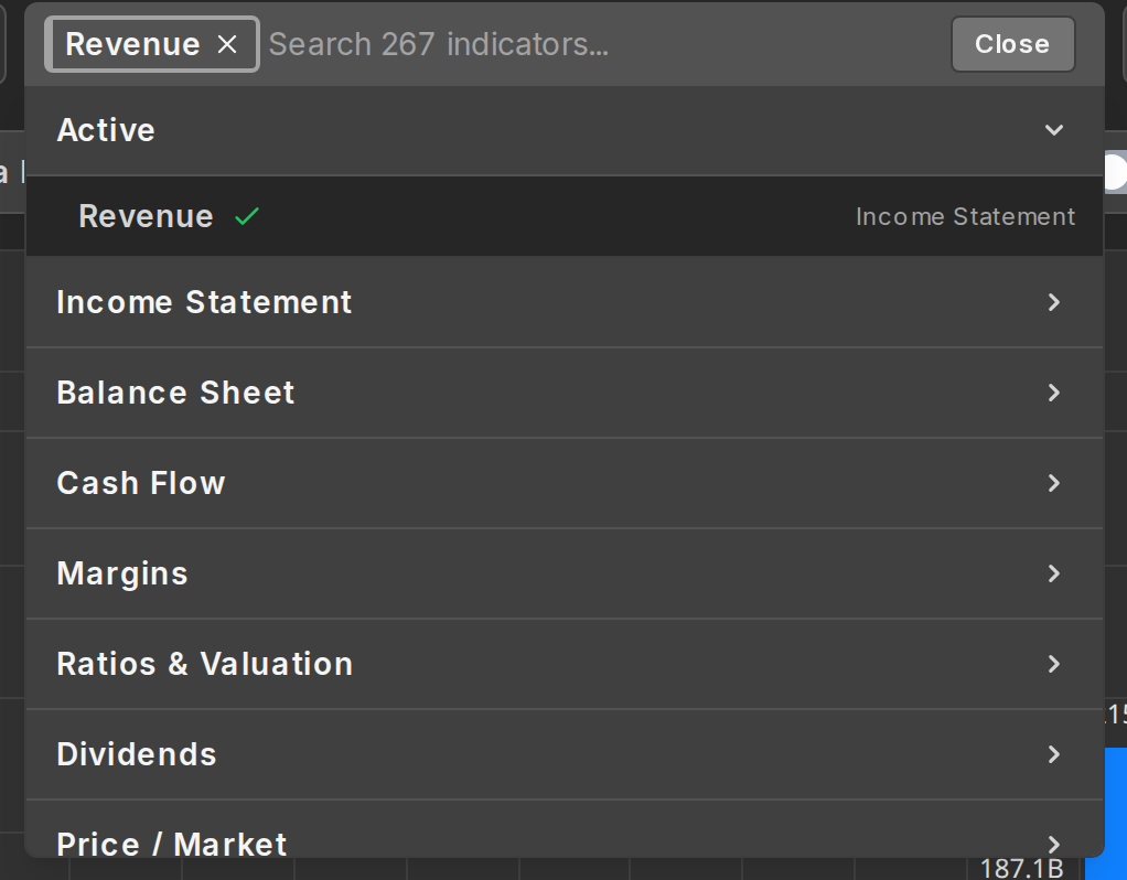 The indicator search showing categories of available metrics