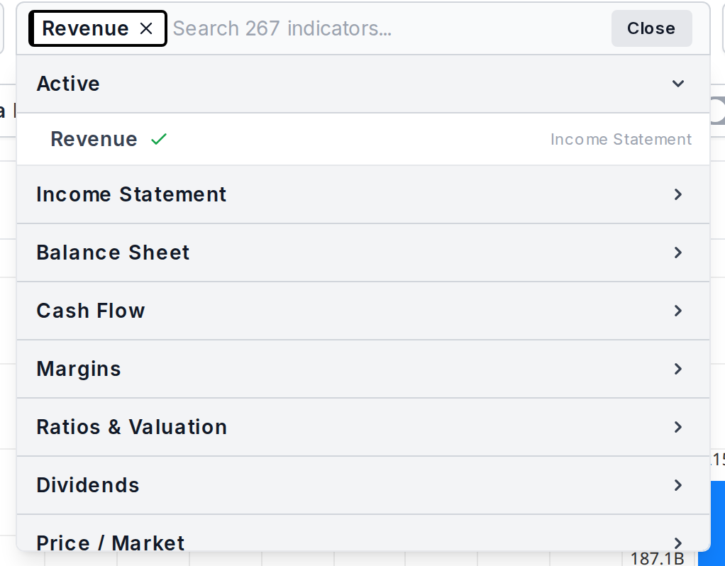 The indicator search showing categories of available metrics