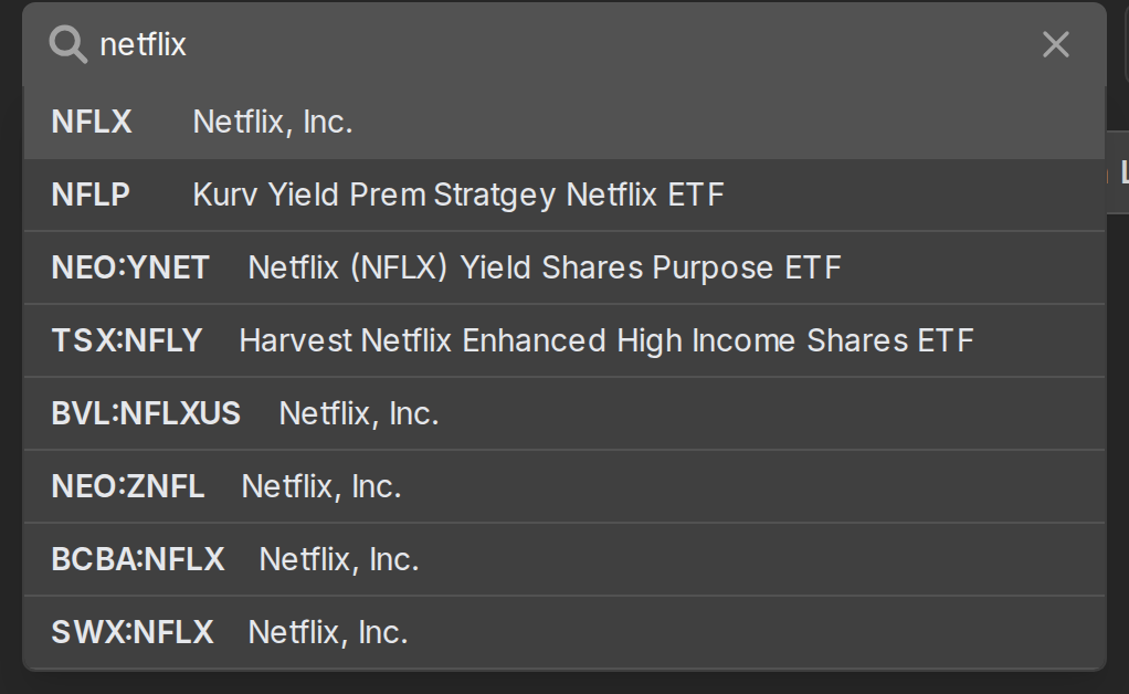 The stock search box showing results while typing netflix