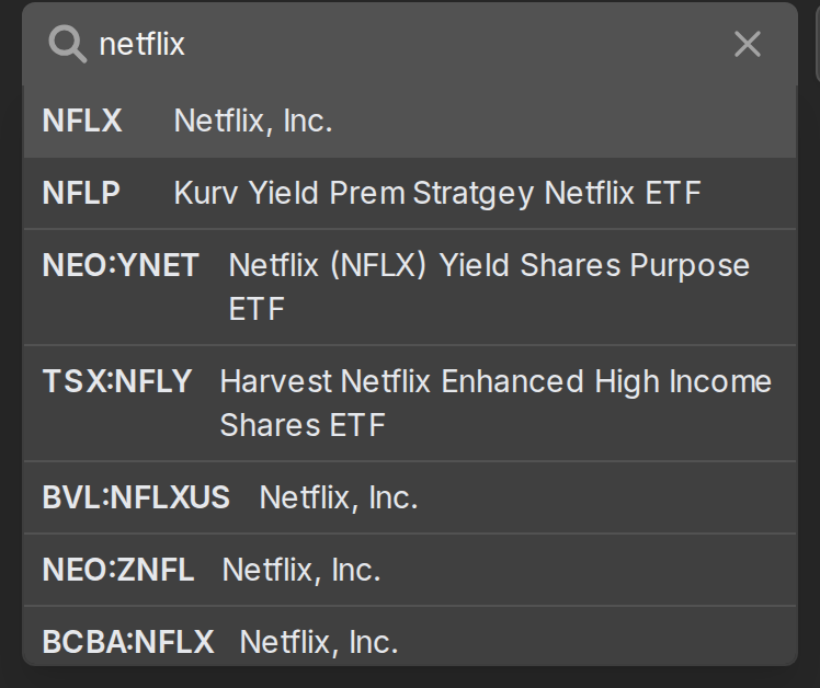 The stock search box showing results while typing netflix