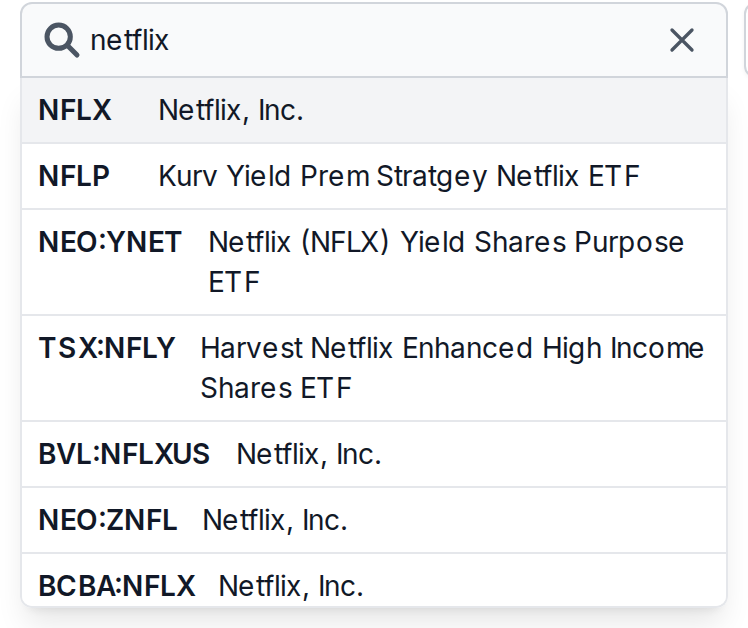 The stock search box showing results while typing netflix