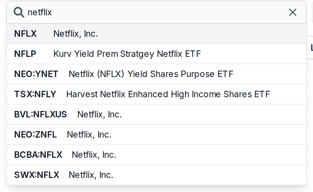 The stock search box showing results while typing netflix