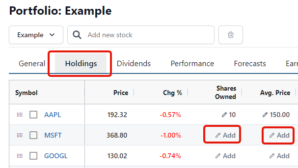 Adding holdings to a watchlist